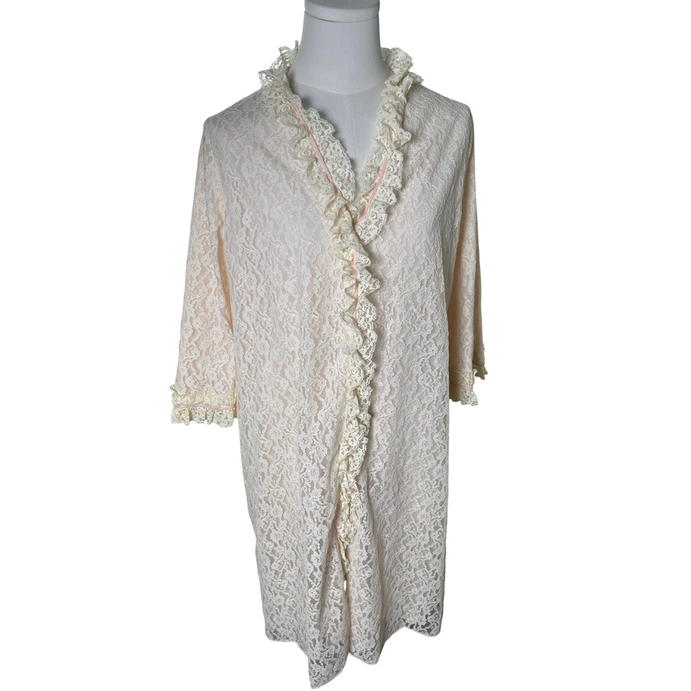 Vintage Lady Irene Lace Ruffle Peignoir Robe L Ivory Pink Ribbon Nylon Nightgown